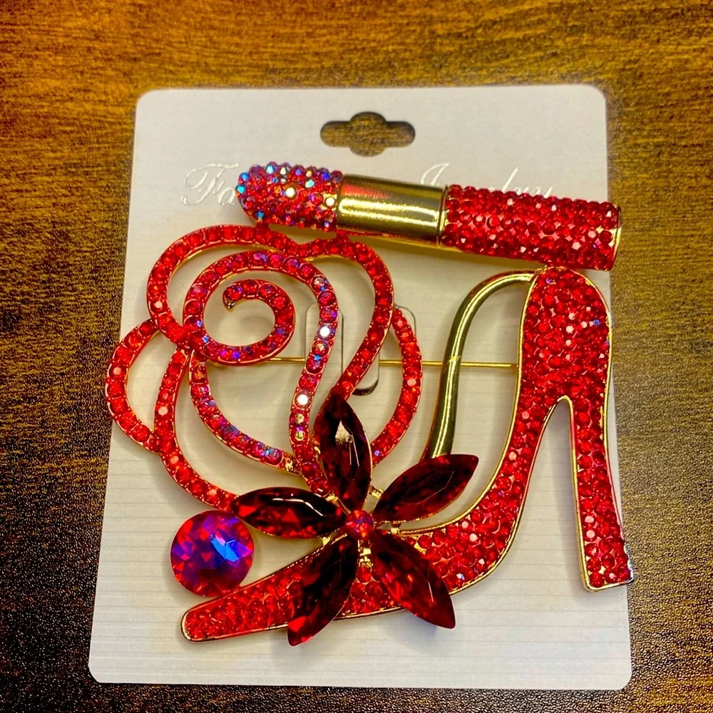 Red, purple, gold rhinestone Stiletto and lipstick brooch pen! - Picture 1 of 2